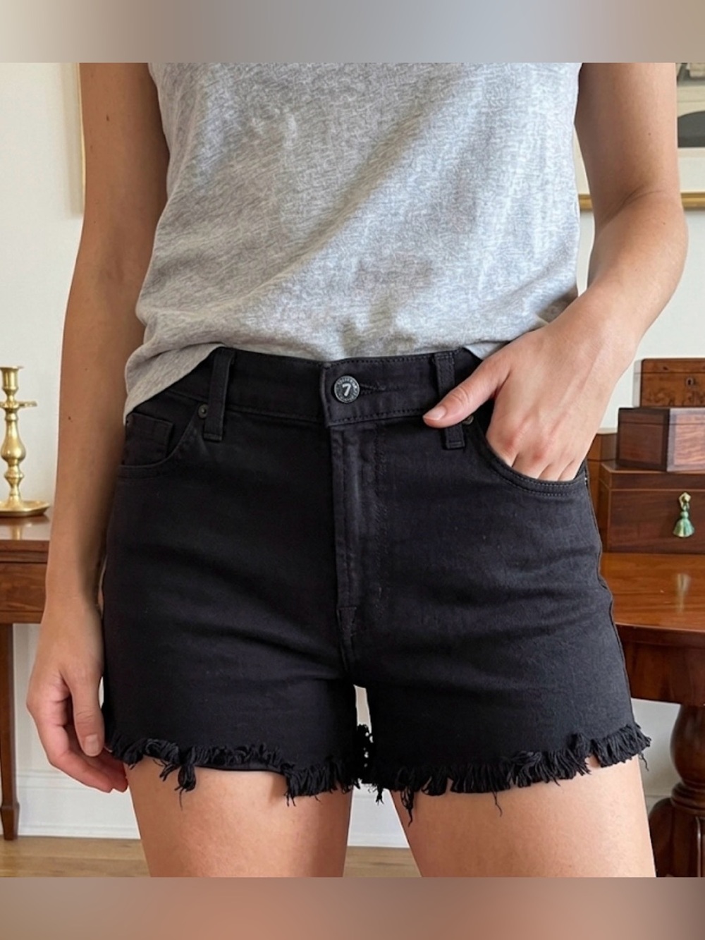 7 For All Mankind Black Denim Cutoff Shorts Frayed Raw Hem